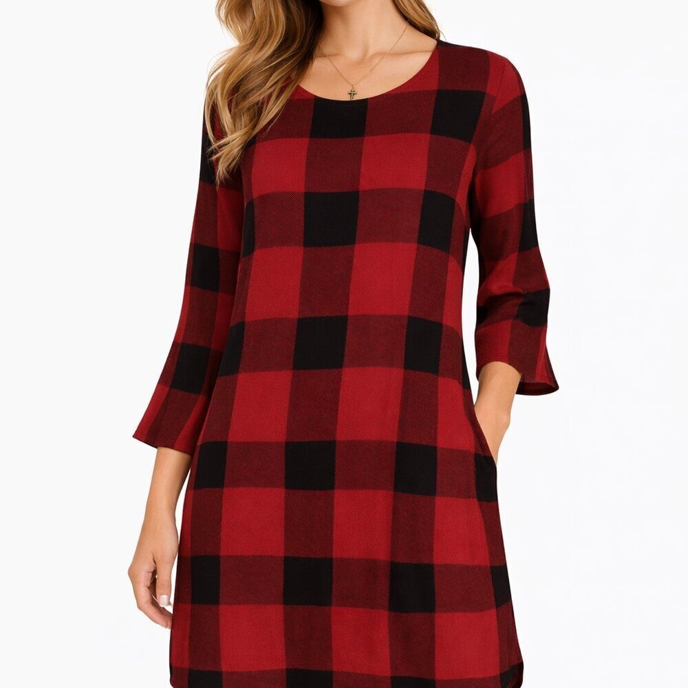 Anthropologie Cloth & Stone Plaid Dress M Red Black Buffalo Shift